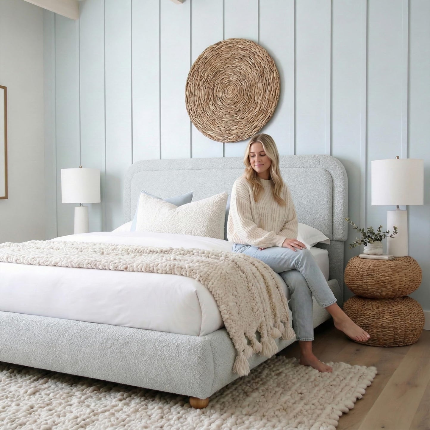 Brafab Cloud Full Size Bed Frame, Boucle Upholstered Bedframe with Rounded Corners Headboard, Solid Wood Legs, Boho Soft Bedframe Easy Assembly, No Spring Box Needed, Grey