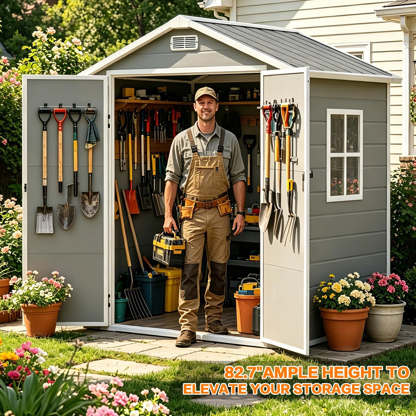 LARBANKE 6x4 FT Outdoor Resin Storage Shed with Floor & Window, All-Weather Waterproof Plastic Garden Tool Shed, Plastic Shed with Lockable Double Doors & Ramp for Mower, Bike,Backyard Storage, Gray