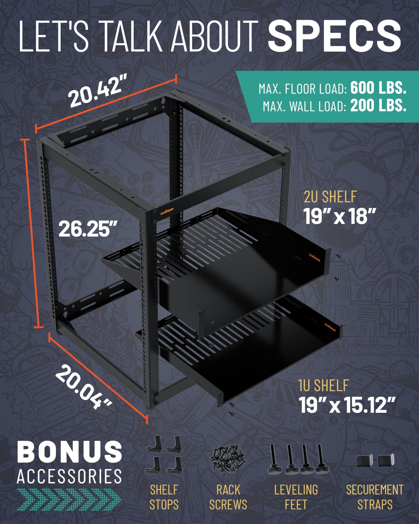 ECHOGEAR 15U Open Frame Rack for Servers & AV Gear - Wall Mountable Design Includes 2X Vented Shelves, 25x Rack Mounting Screws, 4X Leveling Feet, 4X Shelf Stops, & 2X Securement Straps