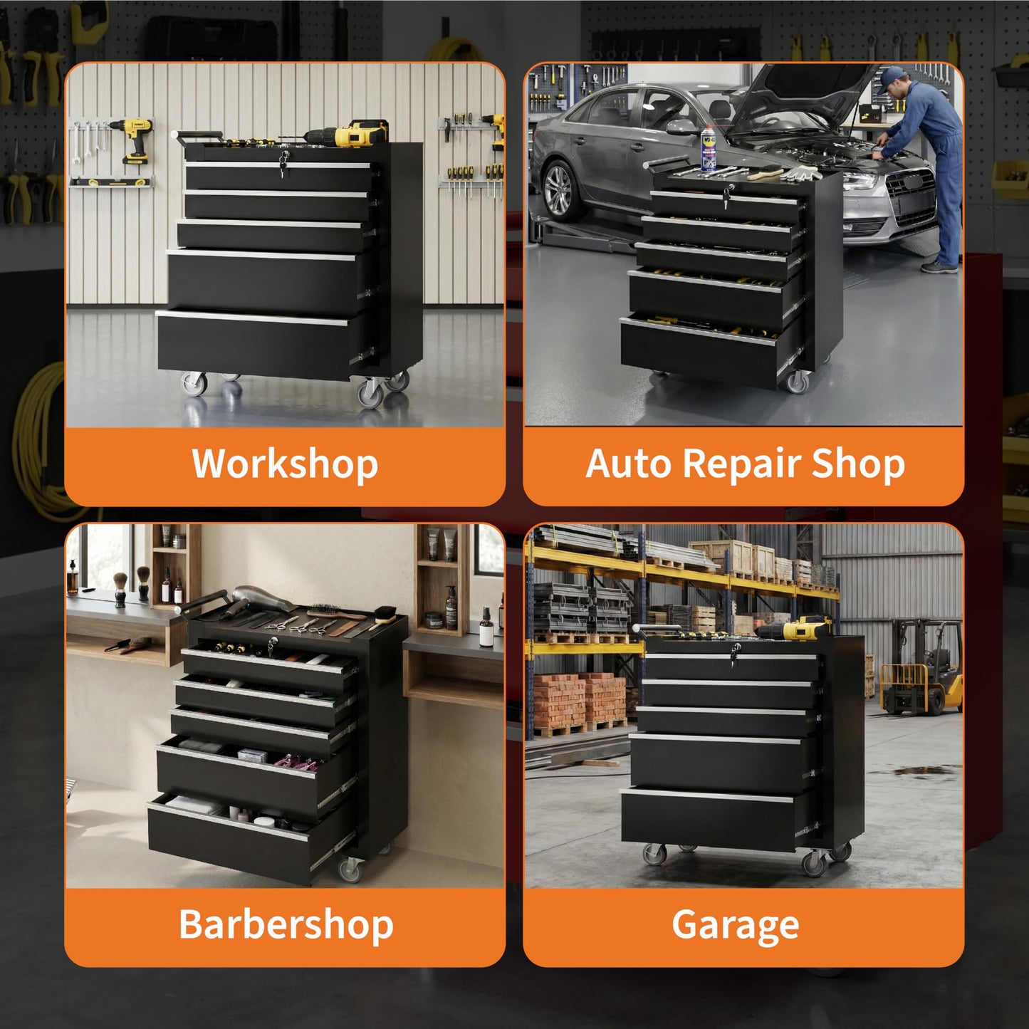 PeakPursuit 5-Drawers Rolling Tool Chest, Portable Tool Box with Wheels and Lock System, Secure Storage Cabinet for Warehouse, Workshop, and Repair Shop, Black