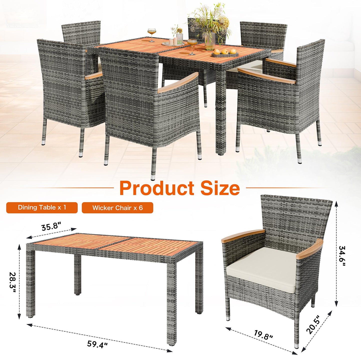 Shintenchi 7 PCS Patio Dining Set, Wicker Patio Conversation Set with Wooden Table Top, Outdoor Table and Chairs with Soft Cushions for Backyard, Deck and Garden, Grey Rattan