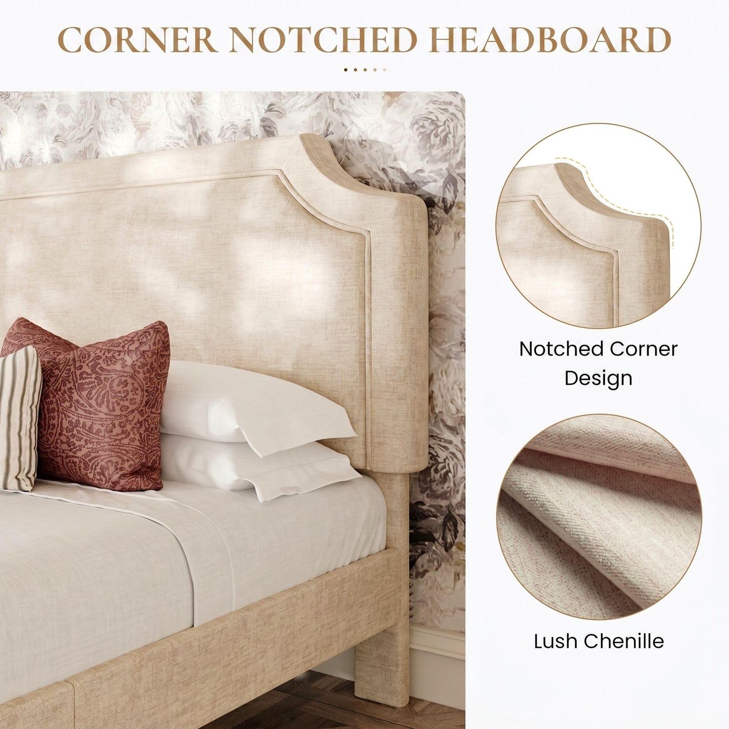 SHA CERLIN Chenille Queen Size Bed Frame with Belgrave Headboard, Beige