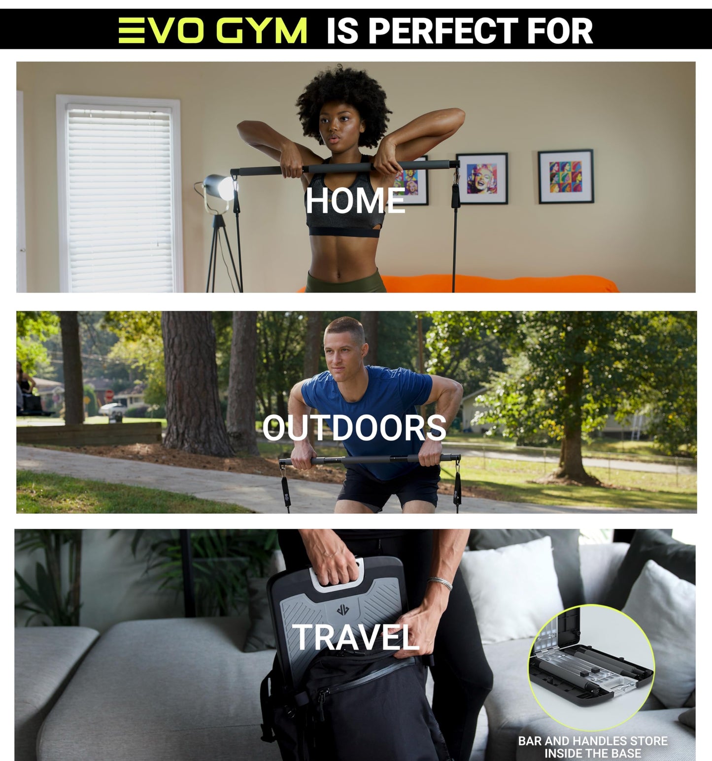 EVO Gym - Portable Home Gym Strength Training Equipment, At Home Gym | All in One Gym - 10 Resistance Bands, Base Holds Gym Bar & Handles for Travel | Portable Gym & Home Exercise Equipment | 320LBS