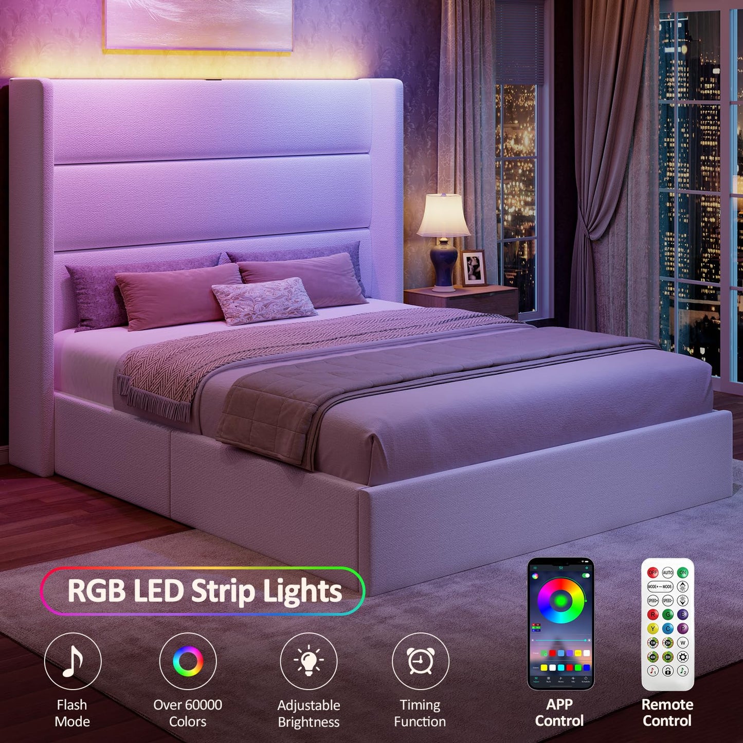 Glirun Queen Size Bed Frame, 55" Tall Headboard with Wingback, Chenille Fabric Upholstered Platform Bed, Large Storage Drawer, Charging Station, LED Lights, Noise-Free, No Box Spring Needed, White