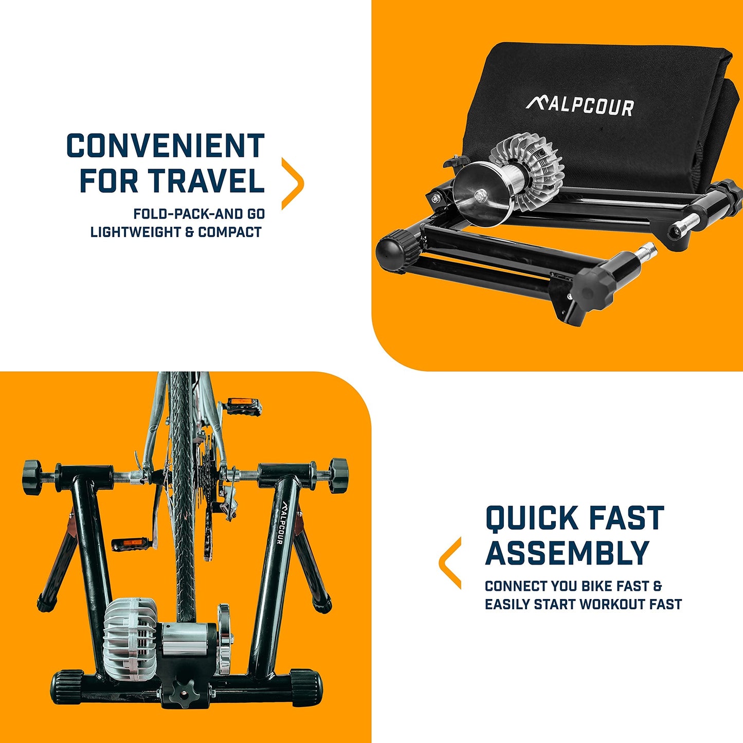 Alpcour Fluid Bike Trainer Stand for Indoor Riding – Portable Stainless Steel Indoor Trainer, Noise Reduction, Progressive Resistance, Dual-Lock System – with 4-Tier Riser Block for Front Wheel
