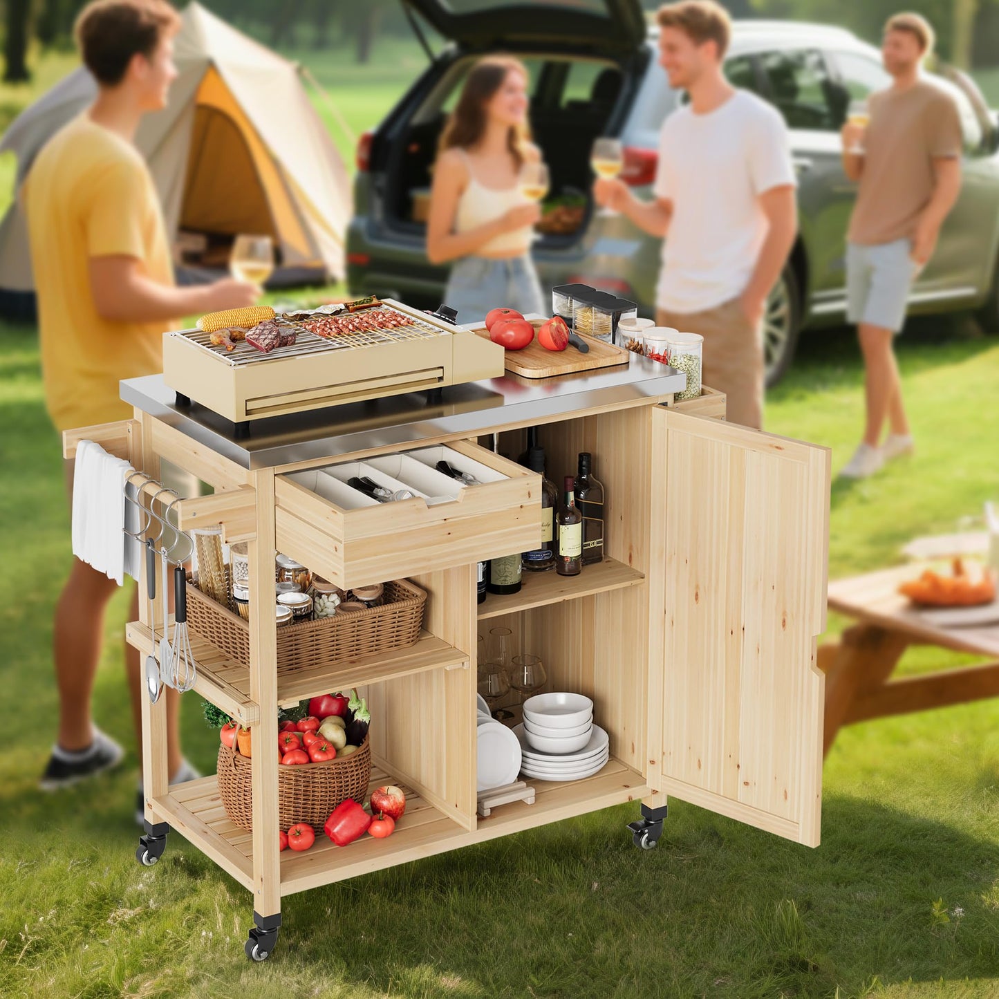 Outdoor Grill Cart with Wheels & Storage Cabinet – Movable Stainless Steel BBQ Prep Table, Portable Kitchen Island for Grilling, Backyard, Patio, Camping – Heavy Duty Dining Cart for Food Prep