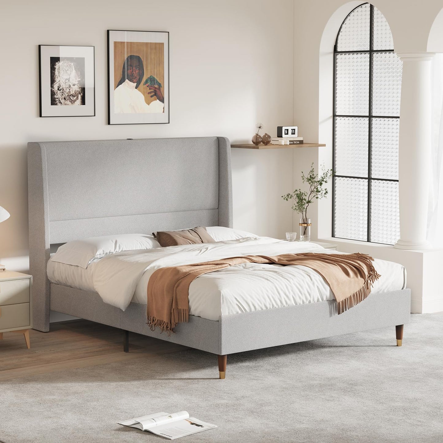 MALOL Queen Bed Frame with Upholstered Linen Headboard, Platform Bed with USB Charging Ports, Sturdy Metal Frame, No Box Spring Required, Quiet Noise-Free Modern Bedroom Furniture, Grey