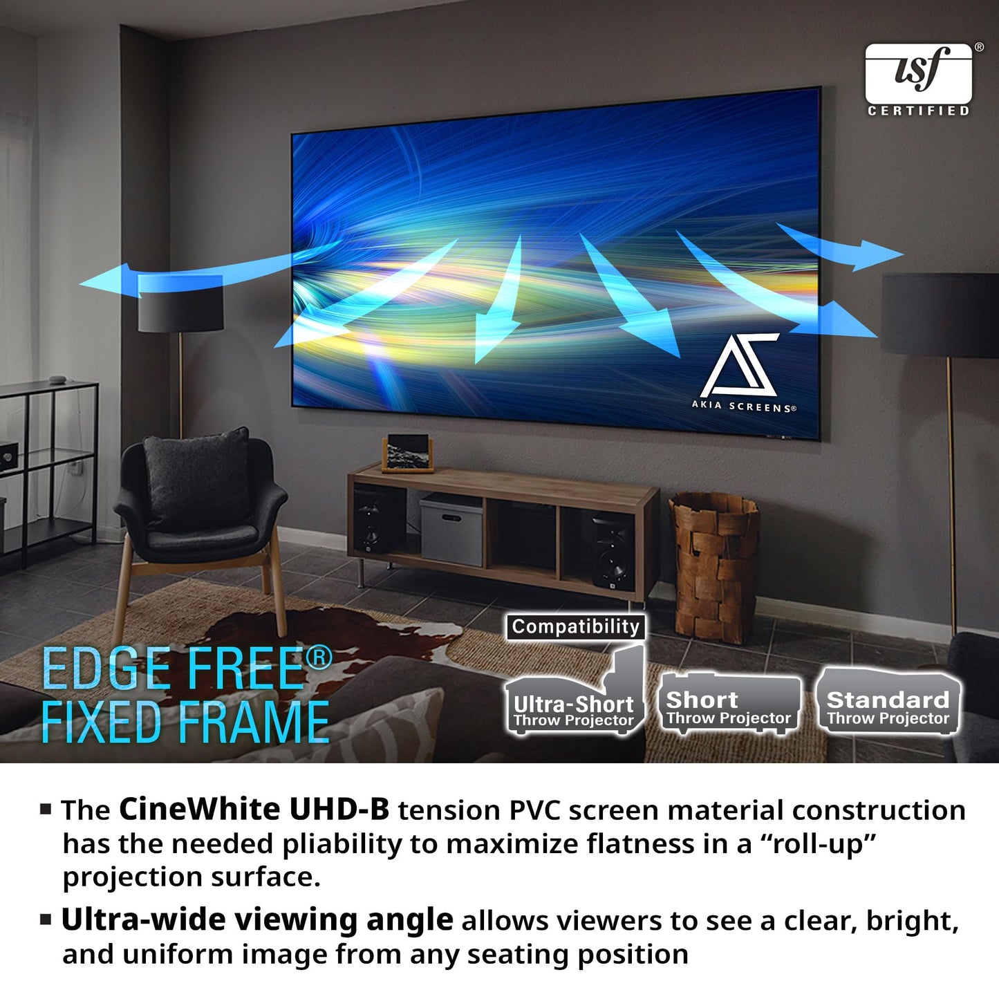 Akia Screens 145 Inch Edge Free Fixed Frame Projector Screen 16:9 8K 4K Ultra HD 3D Ready CINEWHITE UHD-B 1.3 Gain Wall Mounted Indoor Home Theater Screen for Projector – AK-NB145H.