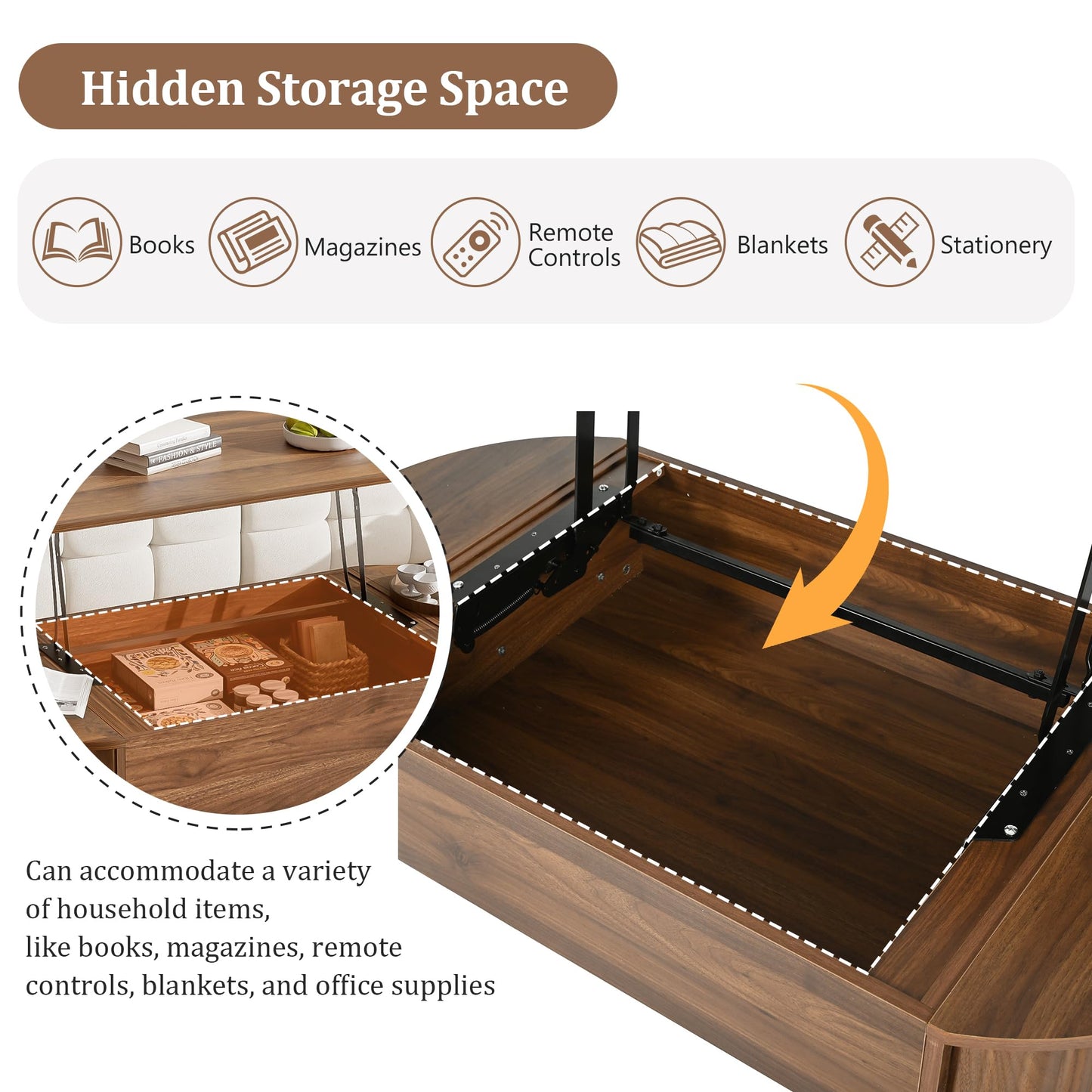 Merax 47.2'' Lift Top Oval Coffee Table with Hidden Storage Compartment, Modern Wooden Center Table with Oval Lift Tabletop for Home Living Room, Brown