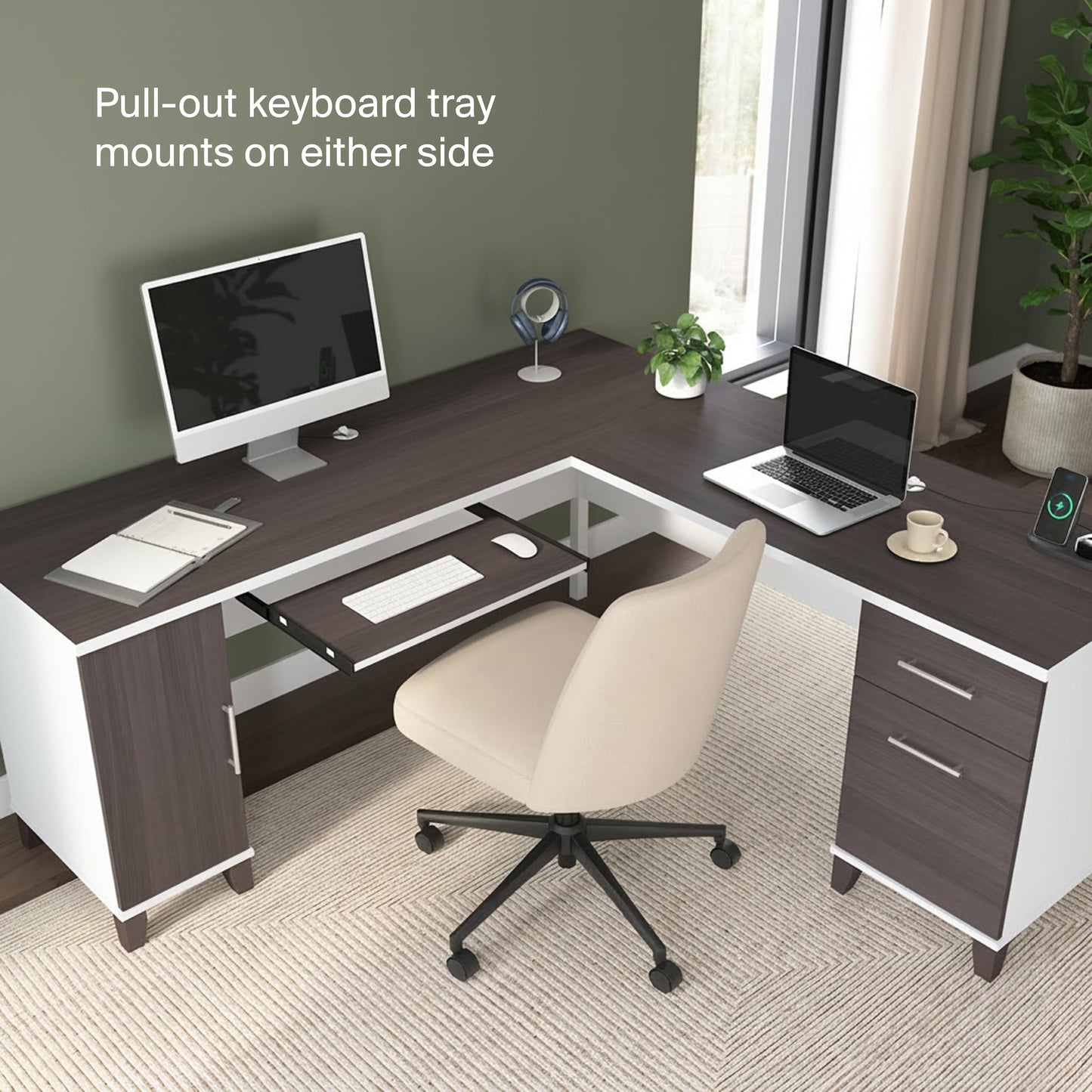 Bush Home 72-Inch L-Shaped Desk with Storage, Corner Computer Office Desk with File and Box Drawers, Home Office Workstation with Storage Cabinet, Somerset Collection, Storm Gray and White