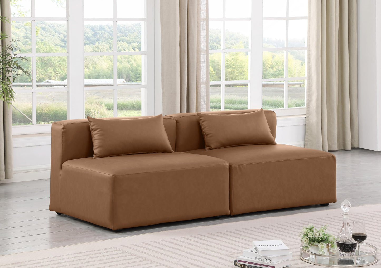 Meridian Furniture 668Brown-S72A Cube Collection Modern | Contemporary Modular Sofa with Soft Brown Vegan Leather, Modular to Create Infinite Configurations, 72" W x 36" D x 26" H, Brown