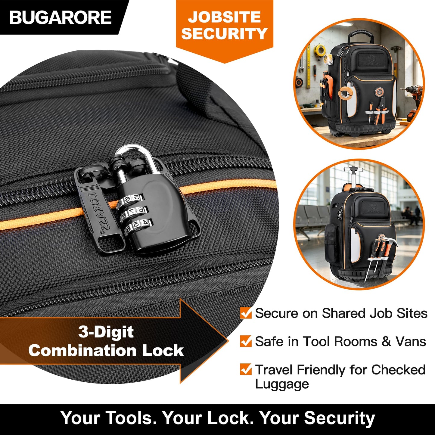 BUGARORE 16" Rolling Tool Backpack with Wheels, 75 Pockets Electrician Tool Bag for Construction HVAC, 1680D Waterproof, Molded Base & Combination Lock
