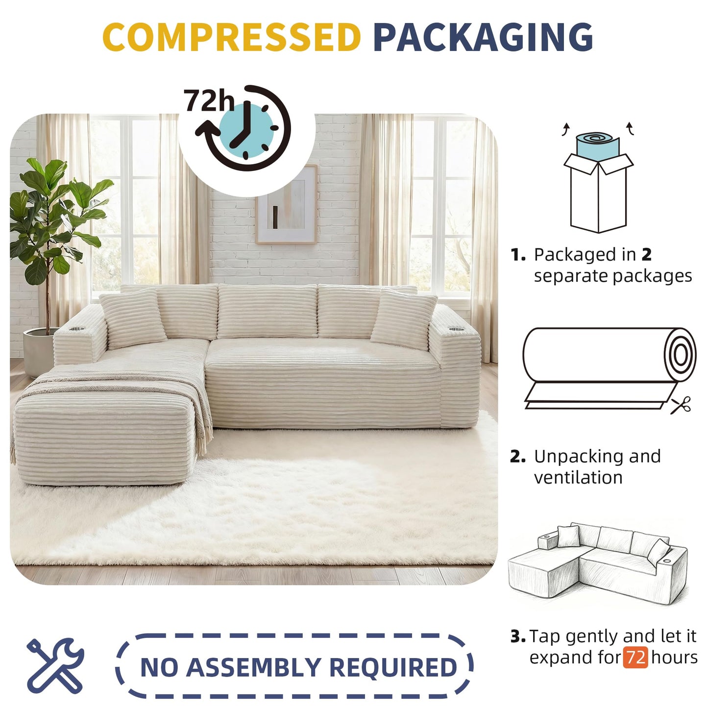 Shintenchi Boneless Couches for Living Room with 2 Cup Holders,L Shaped Modular Sectional Sofa Set,No Assembly Needed Plush Corduroy Living Room Set,Beige