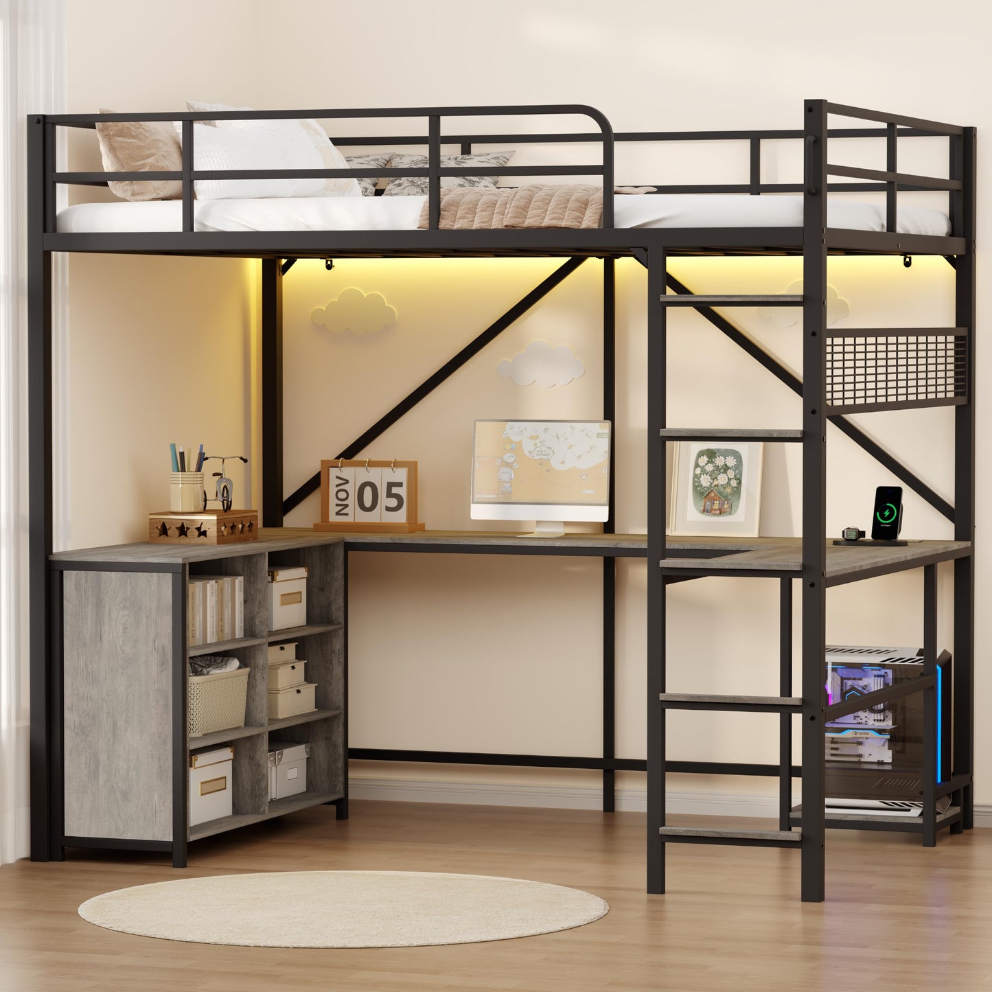 Garvee Loft Bed Full Size with u-Shaped Desk, 6 Storage Cubbies, Power Outlet, Bed Frame with LED & PC Stand, Heavy Duty Metal Bed Frame with Widened Ladder Feet for Apartment, Bedroom, Small Space
