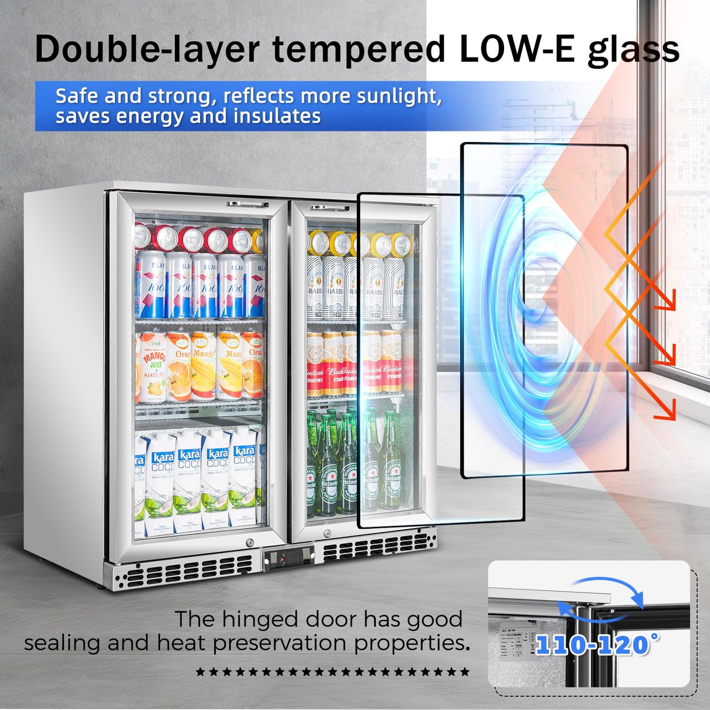 BINGERMA Back Bar Cooler with 2 Glass Doors Under Counter Commercial Beverage Refrigerator Silver Stainless Steel 7.4 Cu.ft. ETL Drink Fridges for Bar,Office