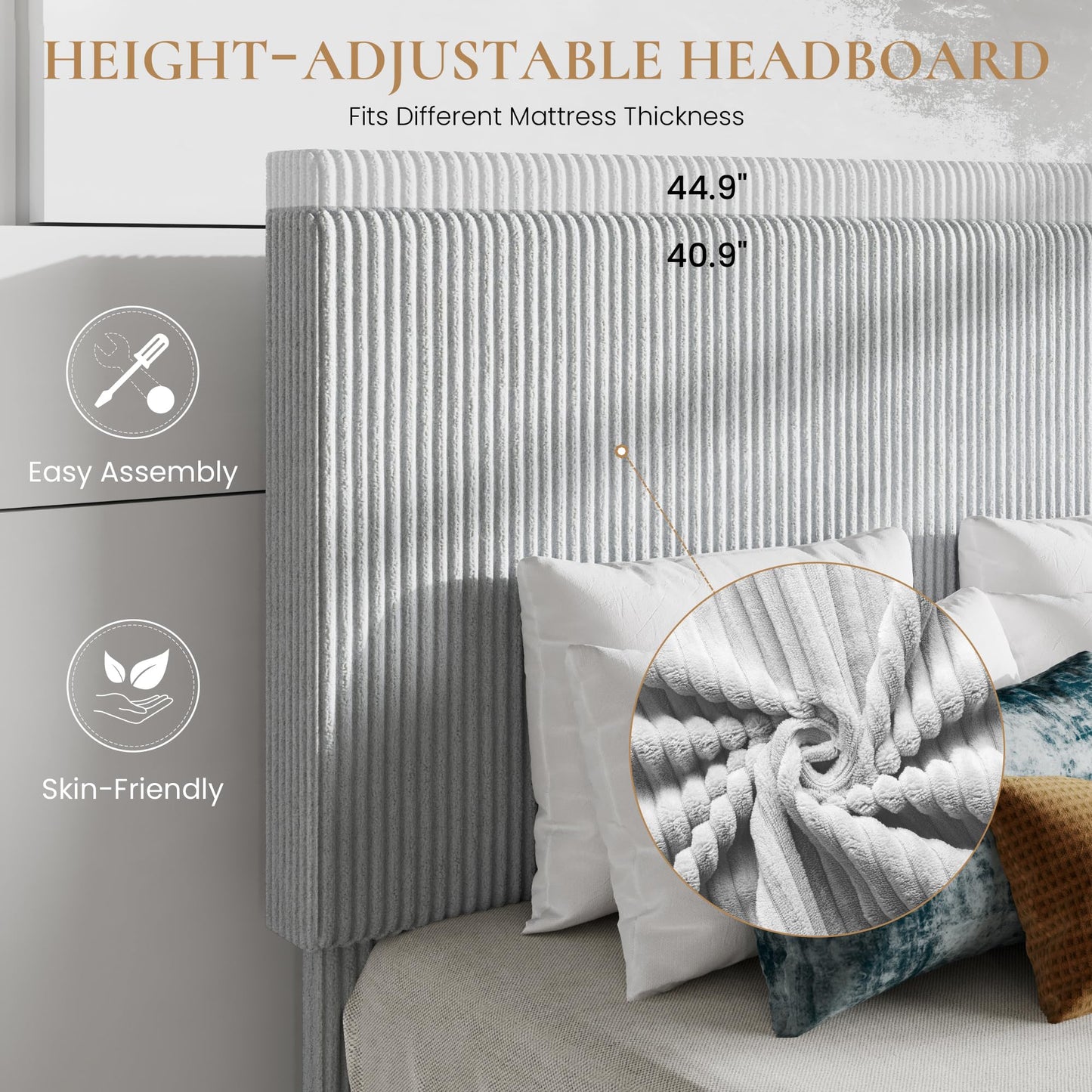 SHA CERLIN Queen Bed Frame, Corduroy Upholstered Platform Bed, Adjustable Vertical Channel Tufted Headboard, Modern Low Profile Frame, No Box Spring Needed, Easy Assembly, Light Grey