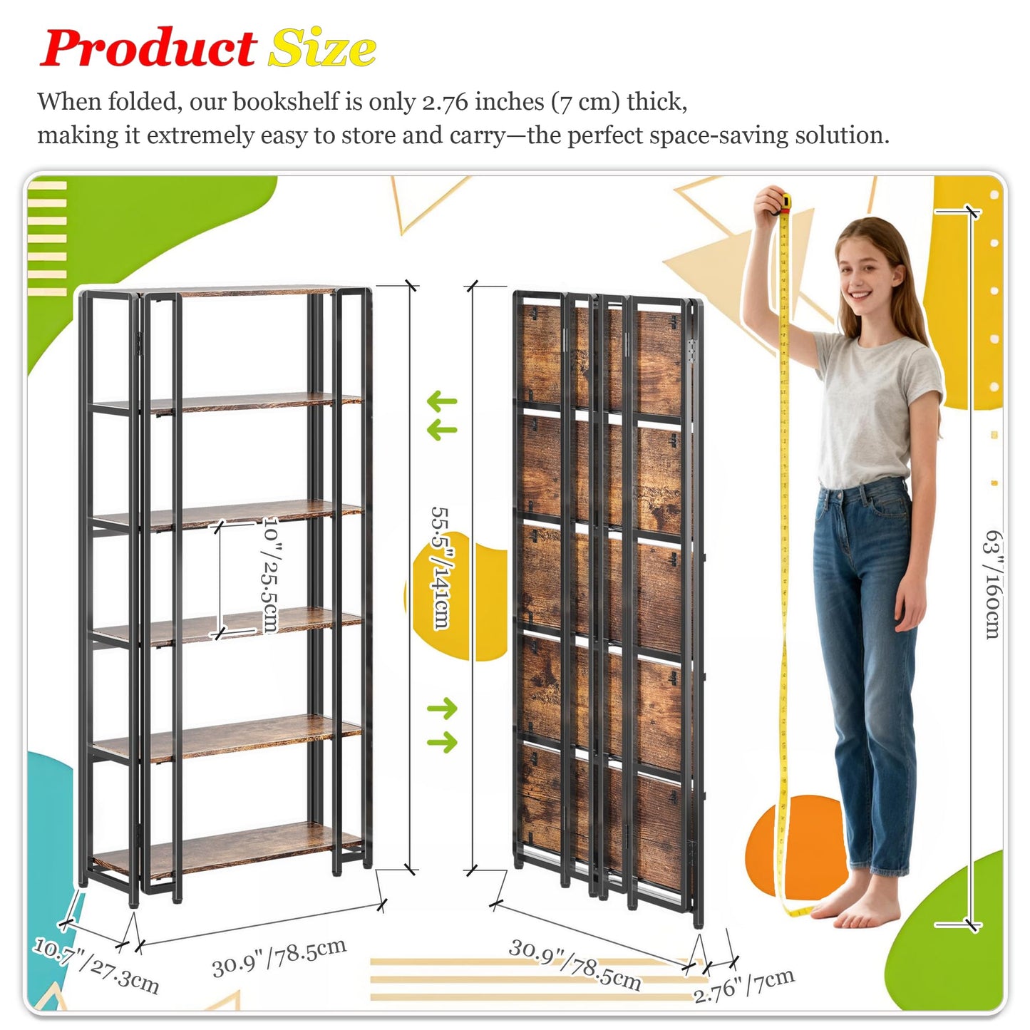 UDD 6 Tier Wide Folding Bookshelf No Tools Assembly, 55.5" H x 30.9" W, Foldable Book Shelf Vintage Collapsible Bookcase, Industrial Storage Shelves for Bedroom Office Living Room, Rustic Brown Black