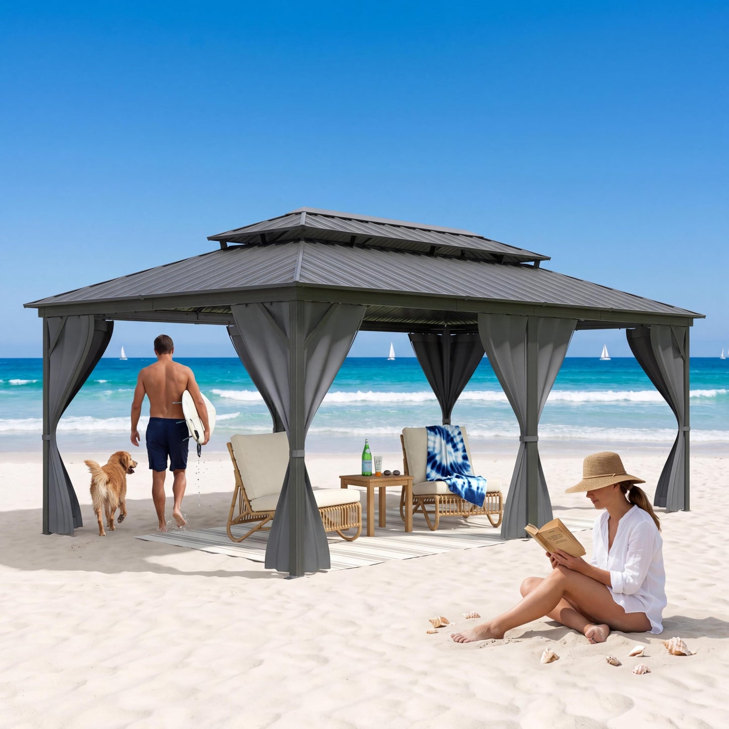 12' x 20' Heavy Duty Hardtop Gazebo, Gray Galvanized Steel Double Roof Canopy with Netting & Curtains – Ideal for Patio, Backyard, Deck & Lawn Gatherings