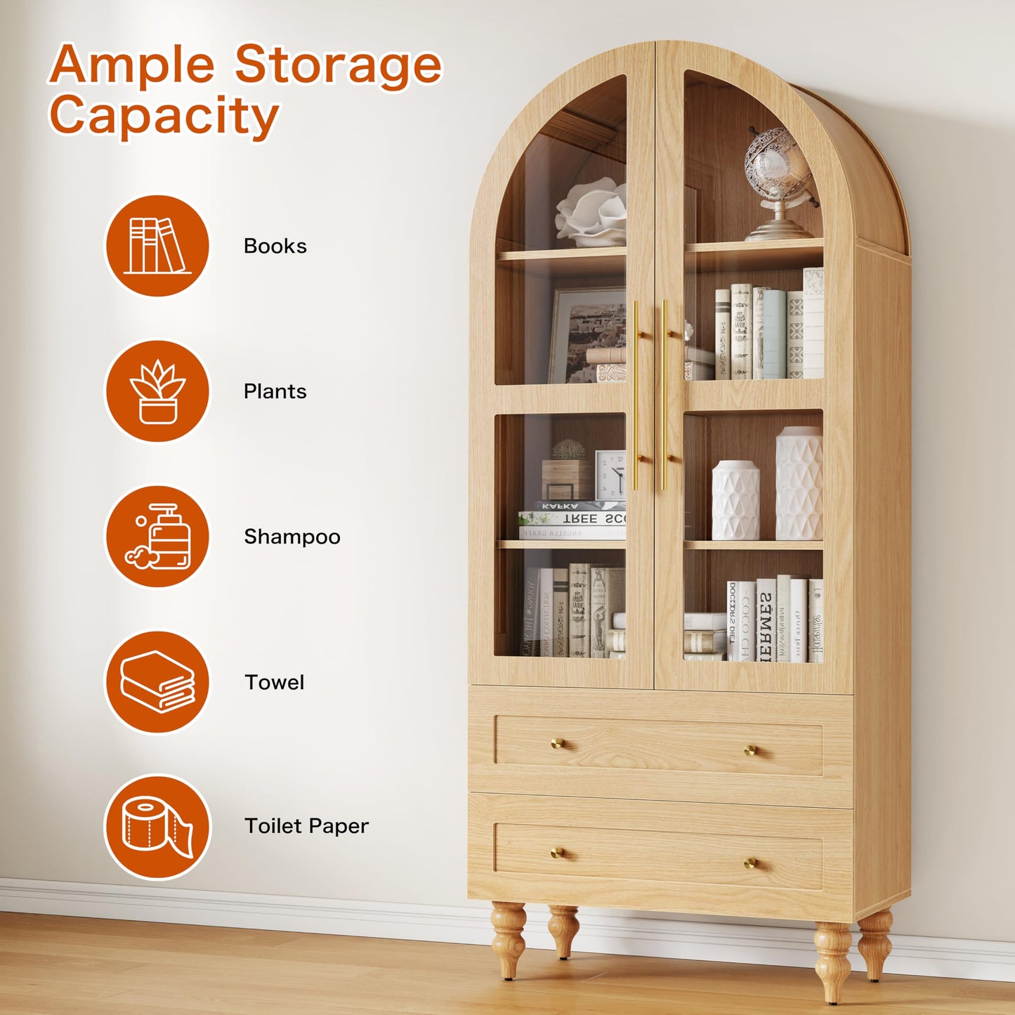 Shintenchi Tall Arched Kitchen Pantry, Modern Farmhouse Wood Kitchens Storage Cabinet with Glass Doors & Adjustable Shelves and 2 Large Drawers,Versatile Cupboard for Kitchen, Dining Room, Natural