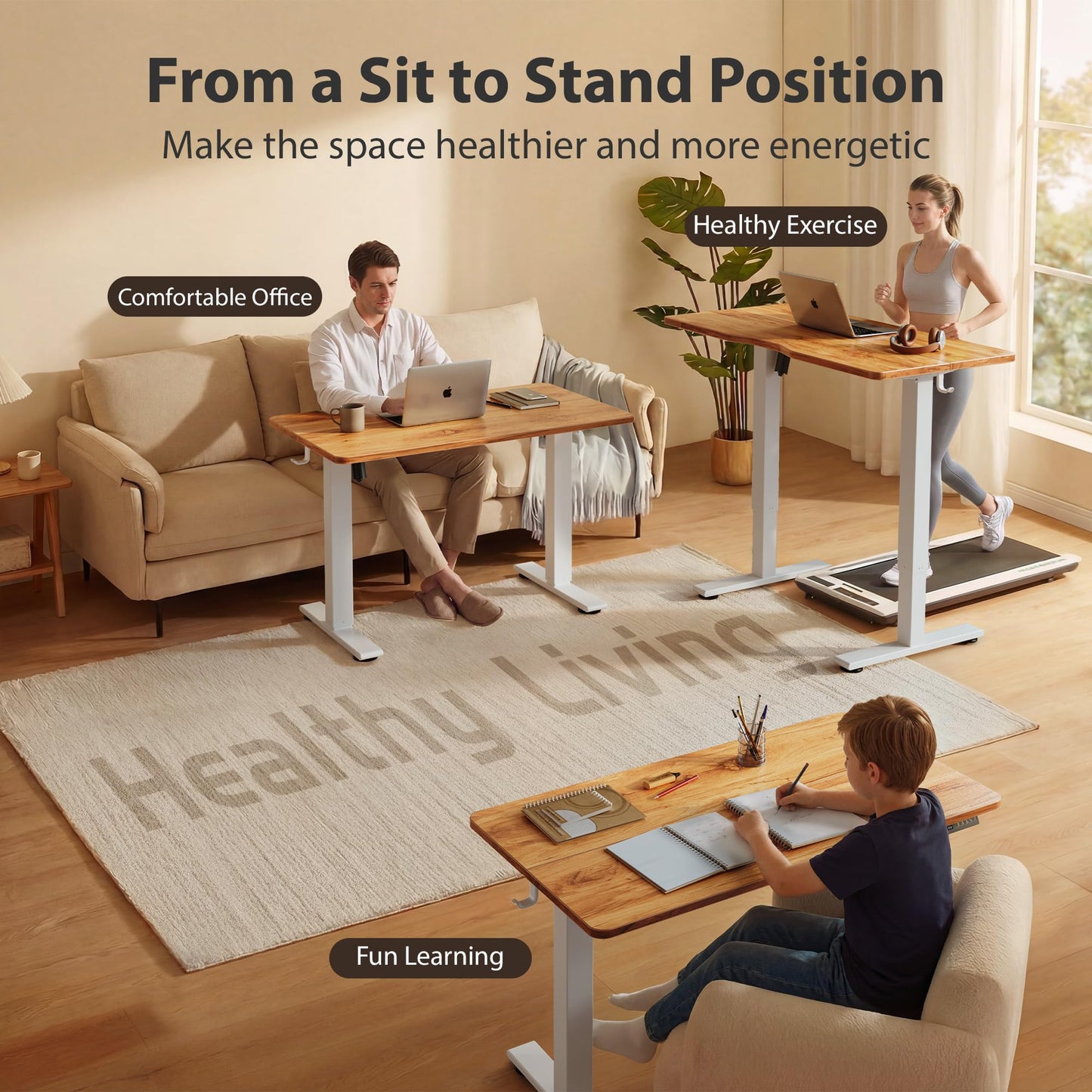 Cubiker Standing Desk, 63x28 Inches Sit Stand Home Office Desk, Electric Stand up Desk, Adjustable Desk with Splice Board, White Frame/Light Rustic Top