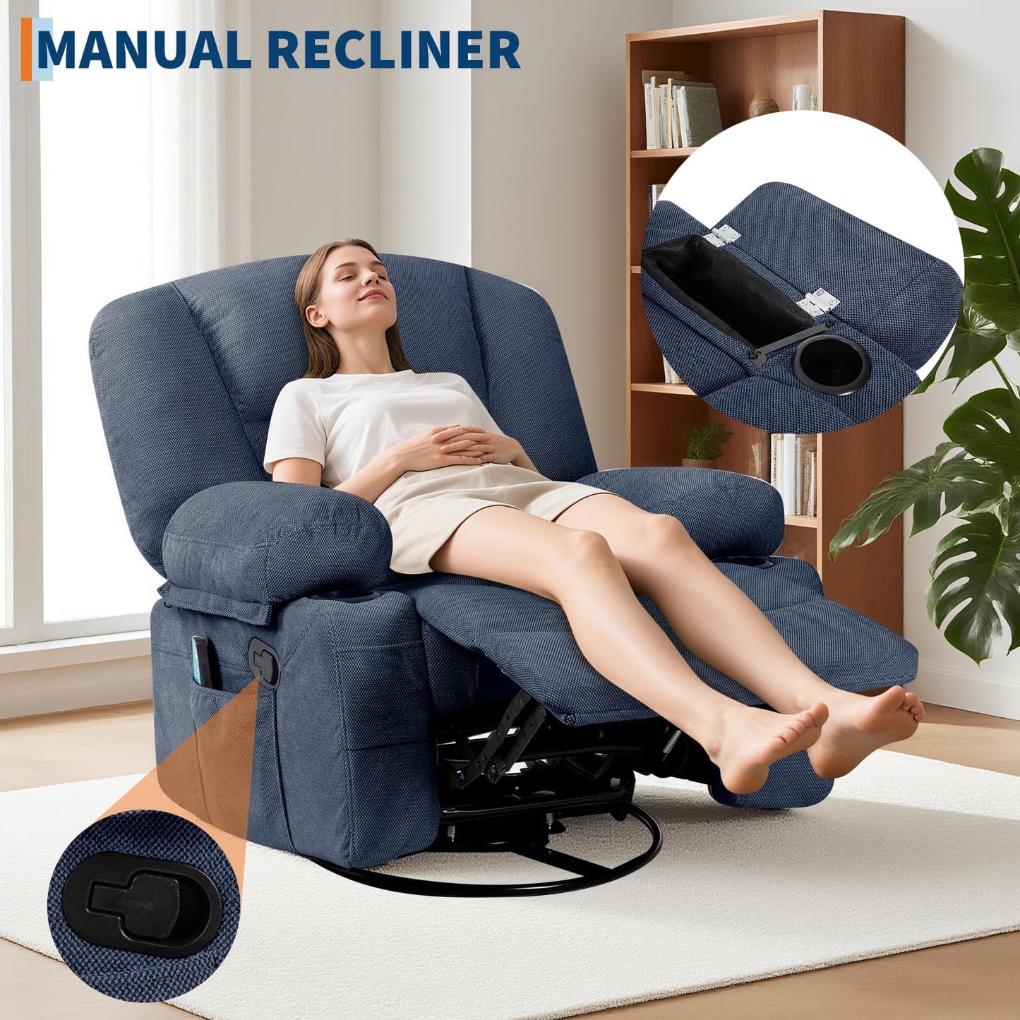Oversized Swivel Rocker Recliner Chair for Adult,360° Swivel Rock Recliner with Massage&Heating,Extra Wide Manual Recliners, Upholstery Overstuffed Soft Rocking Sofa Chair