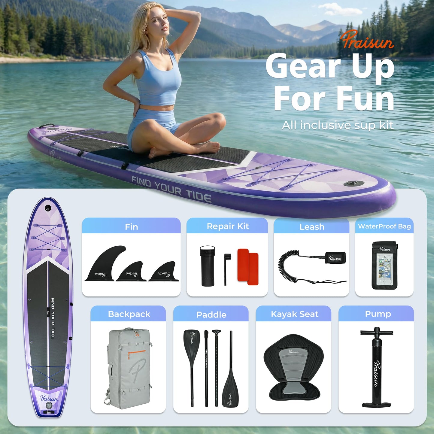 PRAISUN 12’ x 35” Inflatable Paddle Board, 450lbs Extra Wide Stand Up Paddleboard for Youth/Adults of All Skill Levels, Stable SUP with Seat & Full Kit, for Fishing, Yoga, Lake & Ocean, Purple