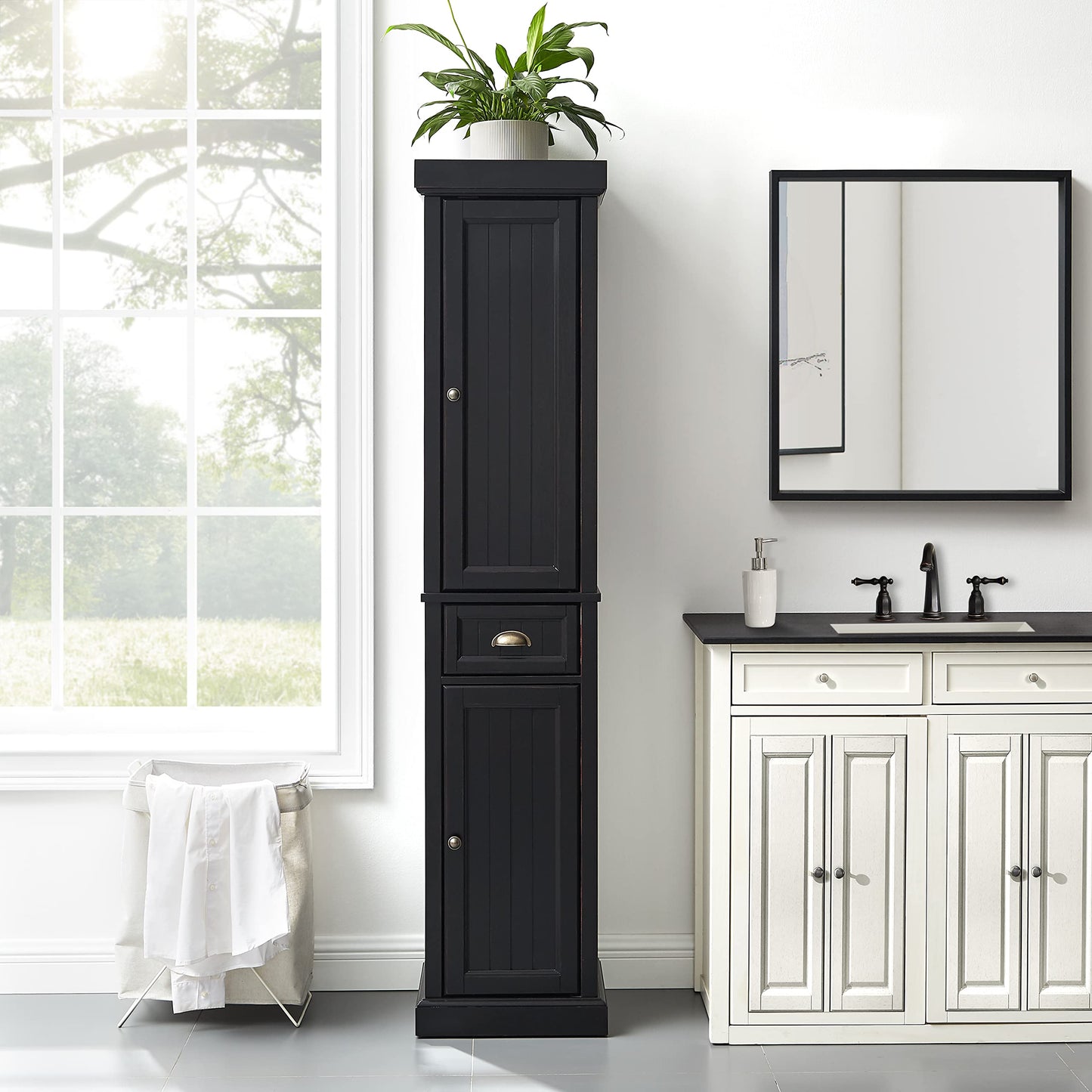 Crosley Furniture Seaside Tall Linen Storage Cabinet and Bathroom Organizer with a Drawer and Shelves, Distressed Black