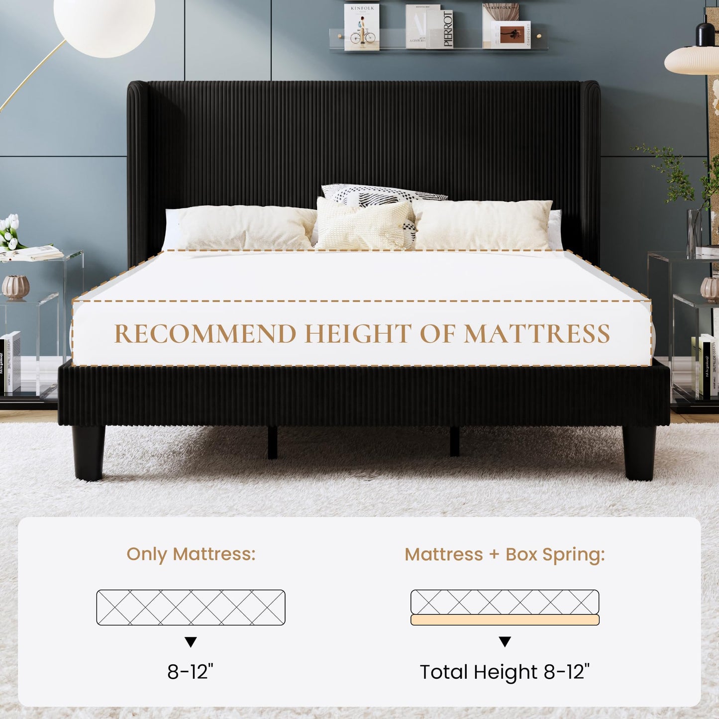 SHA CERLIN King Size Corduroy Upholstered Platform Bed Frame with Vertical Channel Tufted Wingback Headboard, 8" Under Bed Storage, Wooden Slats & Metal Frame Support, Easy Assembly, Black