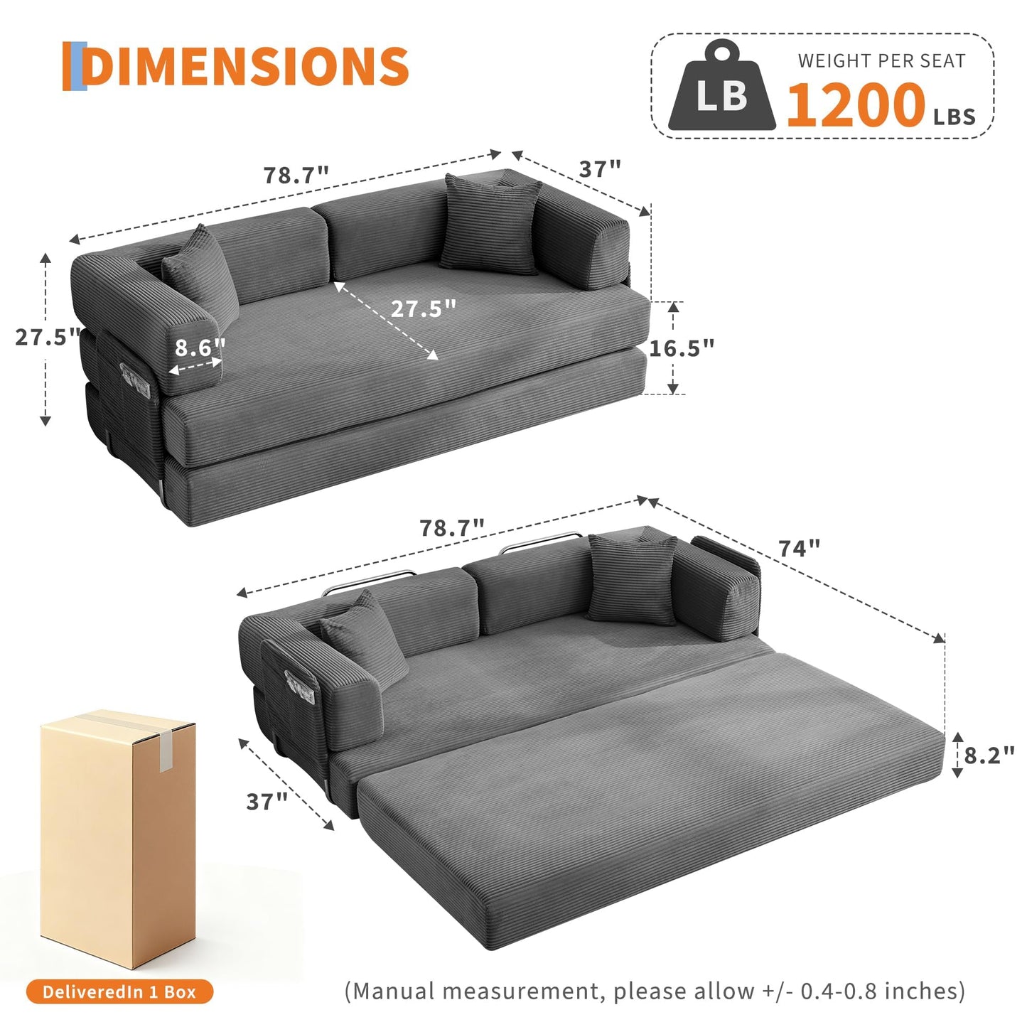 GarveeLife 78.8" Modular Corduroy Sofa Bed,5 in 1 Convertible Futon Floor Couch with Pull-Out Sleeper,Multi-Functional Futon for Living Room Guest Room & Small Spaces