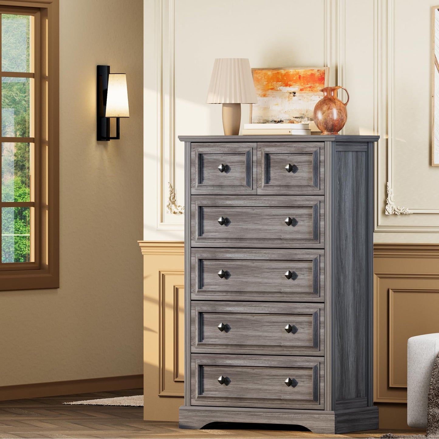 VVFLU Grey Dresser, 48" Tall Dresser with Natural Texture & Metal Handles, 6 Drawer Chest of Drawers for Bedroom, Living Room, Hallway, Vintage Design