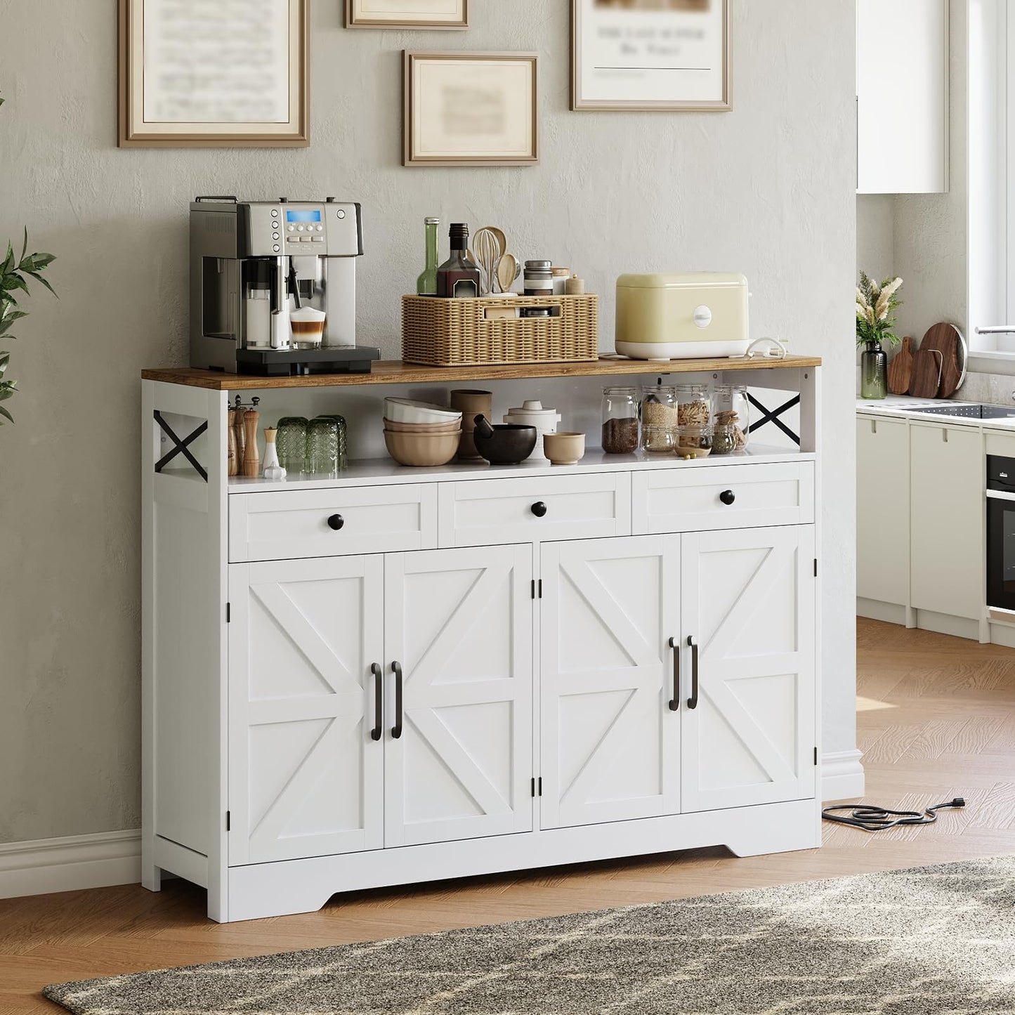 GarveeHome Farmhouse Buffet Cabinet with Storage, Open Shelf & Charging Station, 51" Kitchen Hutch Pantry Cabinet Sideboard Coffee Bar Station with 4 Barn Doors & 3 Drawers for Kitchen, Dining Room