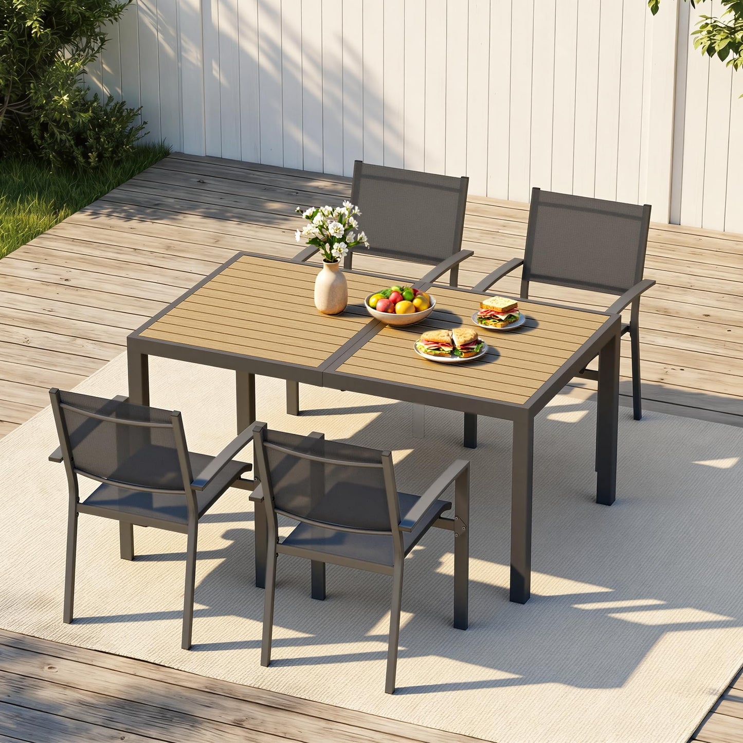 Patio Table and Chairs for 4, Outdoor Patio Dining Furniture Set with Aluminum Table and Metal Textilene Chairs, All-Weather Patio Table Set with HDPS Rectangular Tabletop for Garden Porch