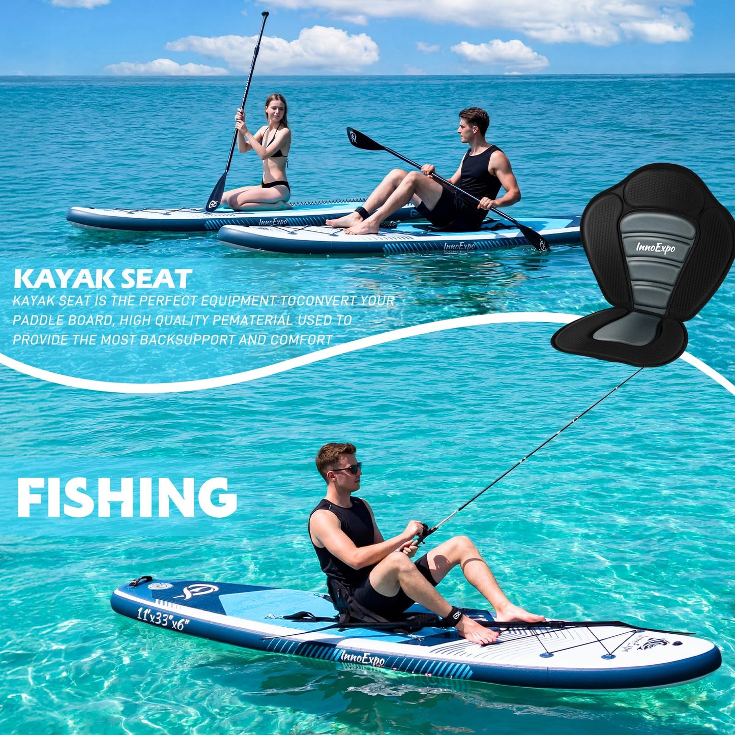 InnoExpo Inflatable Stand Up Paddle Boards with Premium Accessories, Wide Stable SUP Paddle Board Design, Non-Slip Comfort Deck for Youth & Adults (Marine/Kayak Seat, 11'x33''x6'')