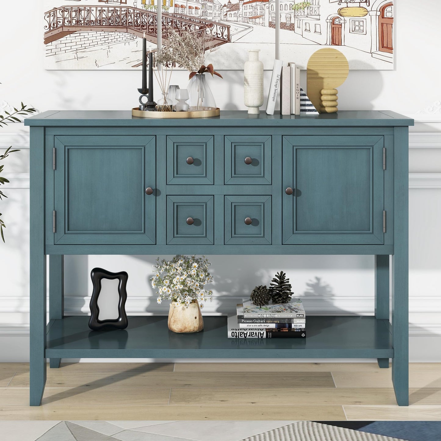 Merax Wood Farmhouse Buffet Table with Storage Shelf, 2 Drawers and Cabinets Buffet Coffee Bar Cabinet for Living Room Dinning Room Kitchen (Dark Blue)