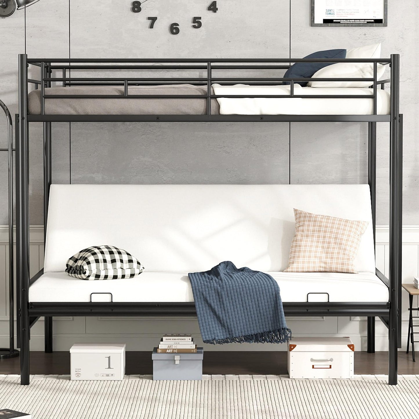 Bellemave Twin Over Futon bunk Bed, loft Bed with futon, Twin Over Full Futon bunk beds, No Box Spring Needed, Black
