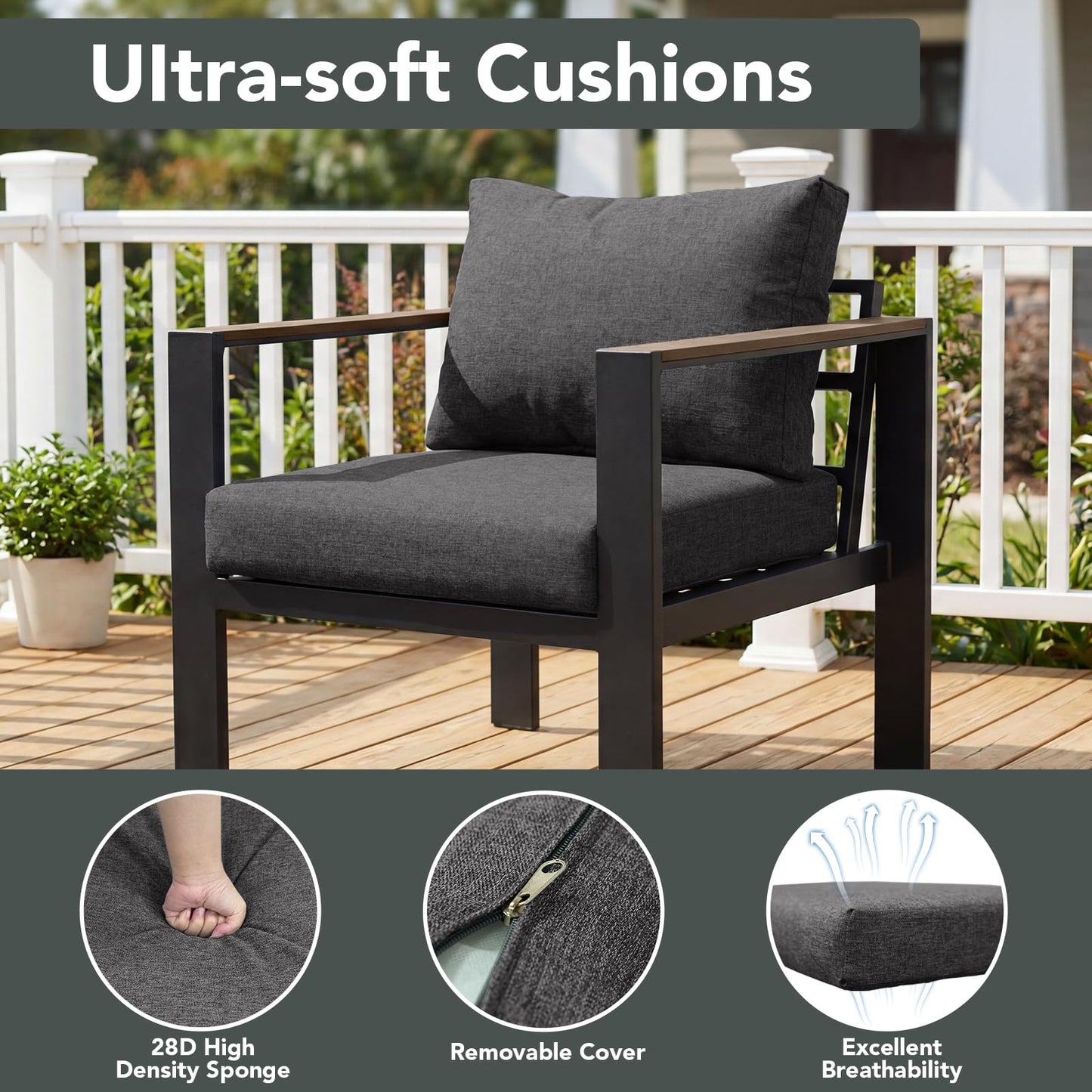 ADRERIC Patio Furniture Set 9 Seats and Coffee Table, 7 Pieces Patio Conversation Set with Thick Cushion, Ottomans, Deluxe Aluminum Modern Outside Sectional for Porch, Balcony, Deck, Yard, Dark Gray
