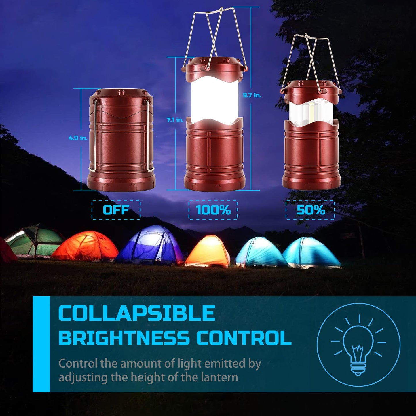 Lichamp LED Camping Lantern 4 Pack, Battery Powered Flashlight, Portable Collapsible Light, Burgundy, Model B4BD