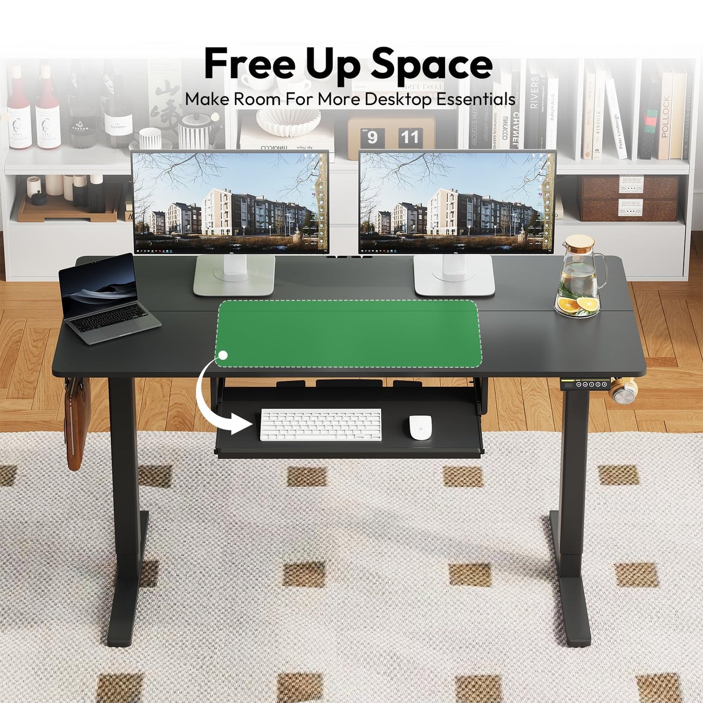 Gamork Electric Standing Desk with Keyboard Tray,55x24 inches Adjustable Height Stand Up Desk,3 Preset Heights,Equipped with Hooks,Raising Desks for Home Office and Computer Workstation,Black