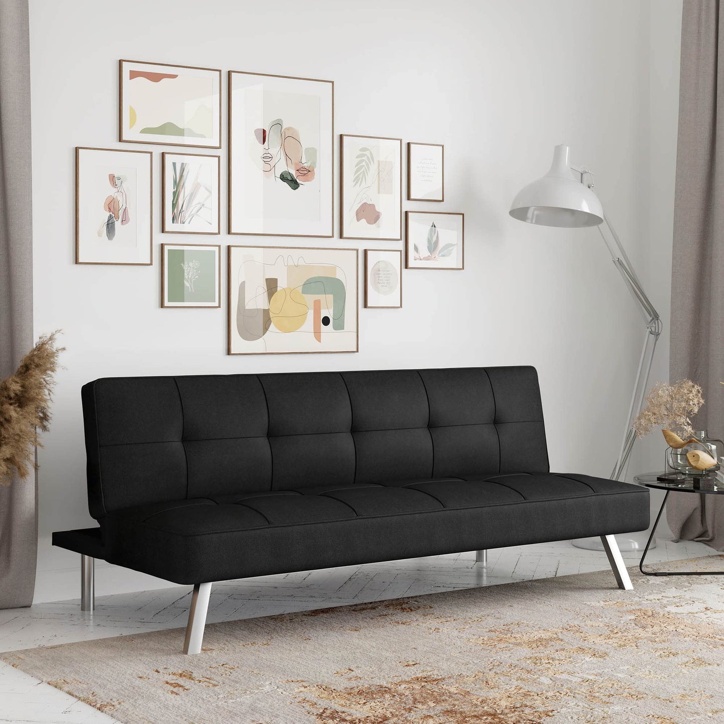 Serta® Rane Futon Sofa Bed 66.1", 3-in-1 Convertible Couch Sleeper for Small Spaces, Tufted Back, Twin Size Guest Bed, Black Woven Fabric