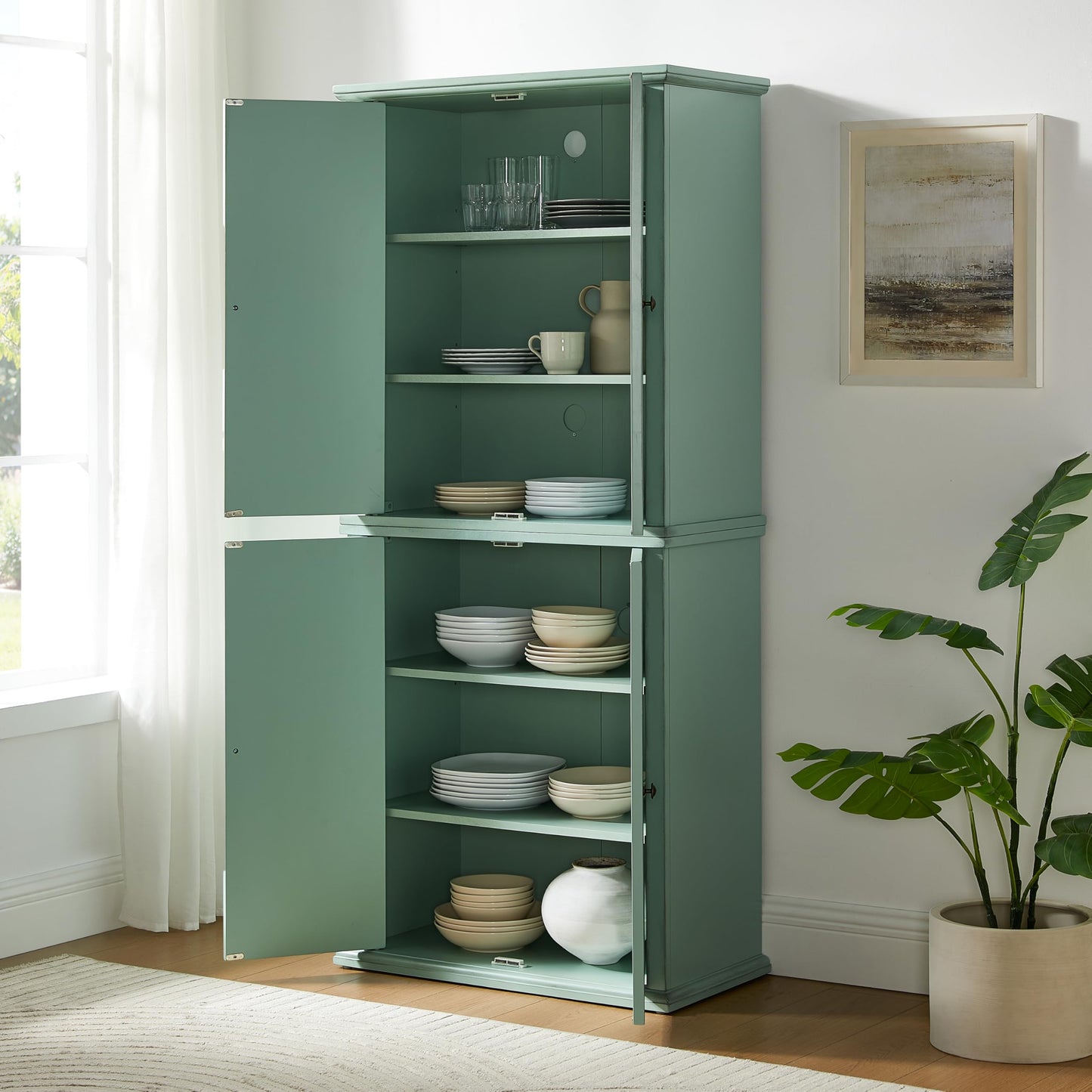 Crosley Furniture Holbrook Traditional Tall Kitchen Pantry, Laundry Room Cabinet, Bathroom Storage Cabinets, Distressed Seafoam Blue