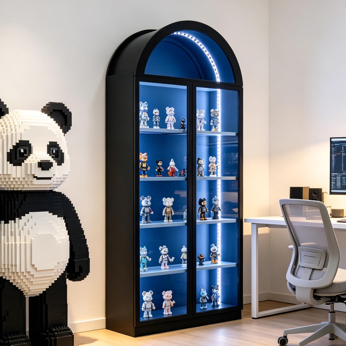 Wildhome Wooden Curio Cabinet with Acrylic Glass Door,77" Tall Arch Display Cabinet & Perfume Organizer with LED Light,Showcase for Collections,Perfume,Vinyl Albums,Bookcase (Arched top-Black, Large)