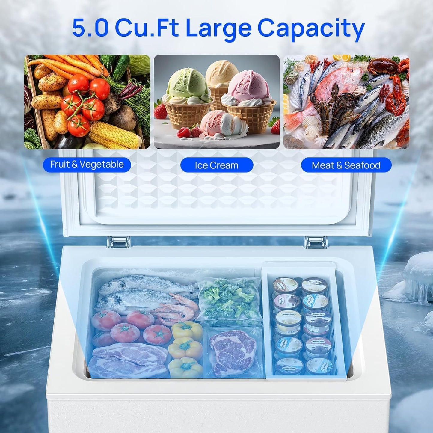 5.0 Cu Ft Chest Freezer with 3 Removable Baskets, Free-Standing Top Open Deep Freezer with 7 Adjustable Thermostat, Quiet Energy Saving Compact Freezer for Home/Apartment/Office/Garage/Dorm, White