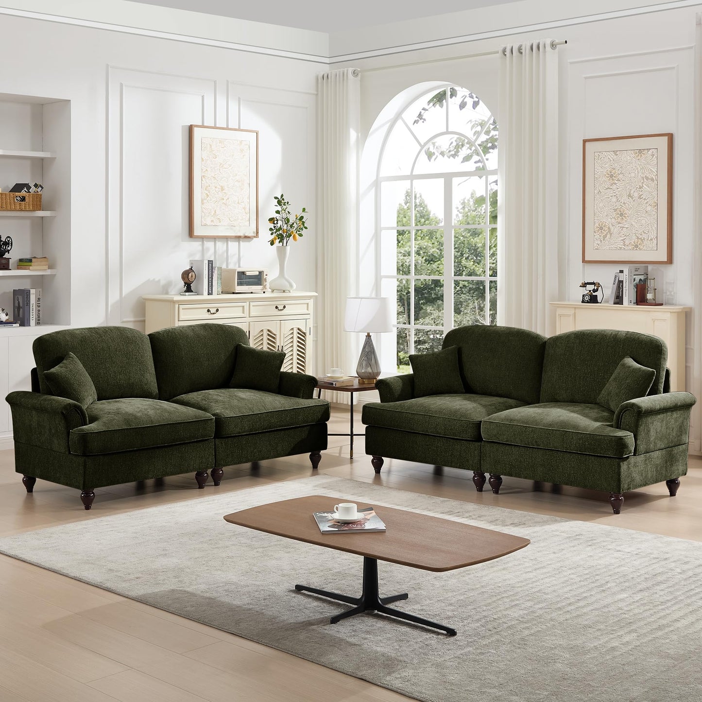 KEIKI Modular Sectional Sofa, 2 Seat Sofa Sets with Removable Ruffles Pleats Skirts, 2 Piece Modular Deep Seat Sofa for Living Room, Green