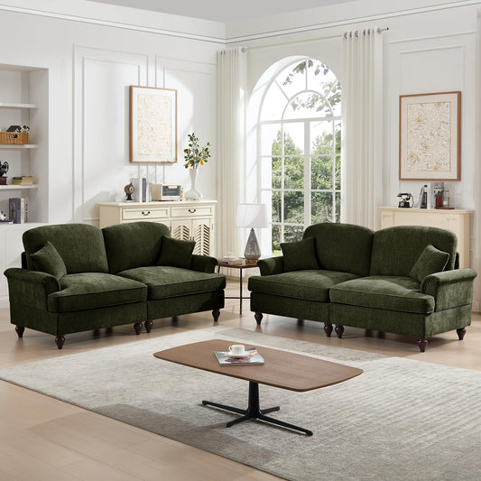 KEIKI Modular Sectional Sofa, 2 Seat Sofa Sets with Removable Ruffles Pleats Skirts, 2 Piece Modular Deep Seat Sofa for Living Room, Green