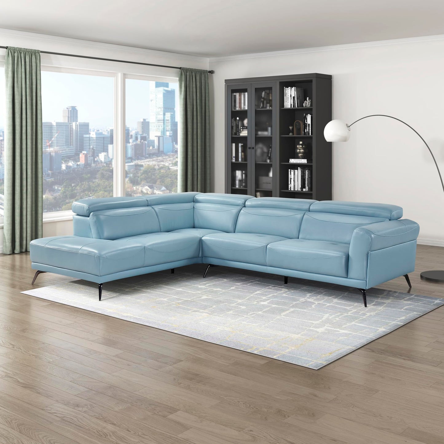 Lexicon L-Shaped Sectional Couch with Left Chaise, Top Grain Leather Match Sectional Sofa, Adjustable Headrests, Black Chrome Metal Legs, High-Density Cushions, Stitching, for Living Room, Blue