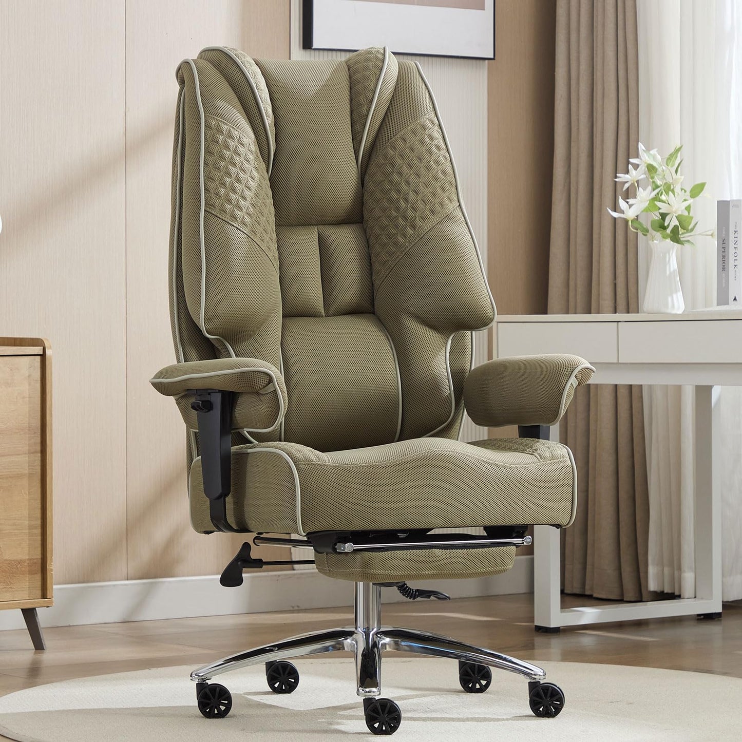 EXCEBET Big and Tall Office Chair 400lbs Wide Seat, Leather High Back Executive Office Chair with Lumbar Support, Ergonomic Chairs Padded Armrests & Thick Cushion (Mesh Green)