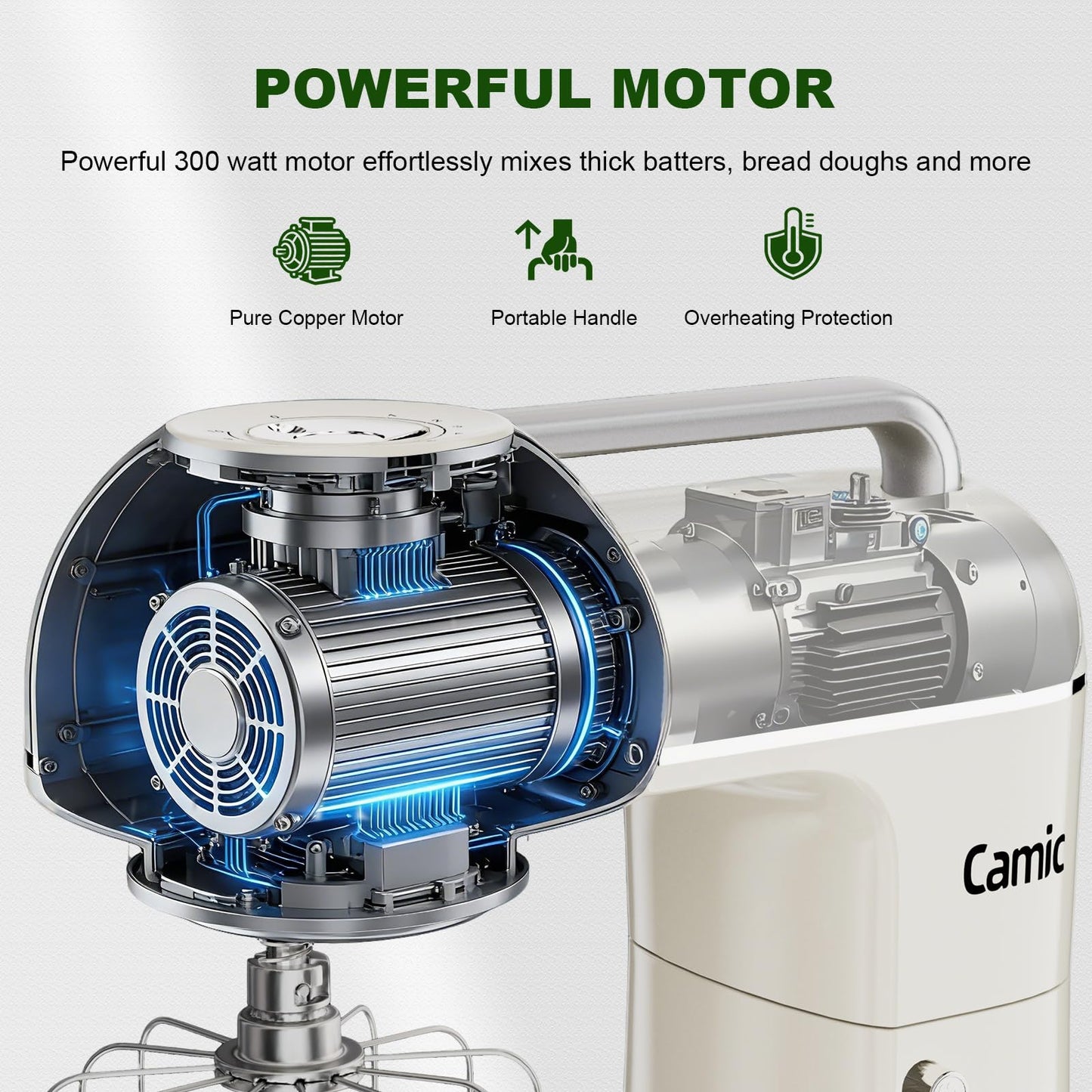 Camic Electric Stand Mixer,7.45 QT,10 Speeds with Dough Hook,Whisk, Flat Beater Attachments, Splash Guard, Easy-Carry Top Handle,3-IN-1 Kitchen Mixer for Baking Cakes Cookie Bread Salad (White)
