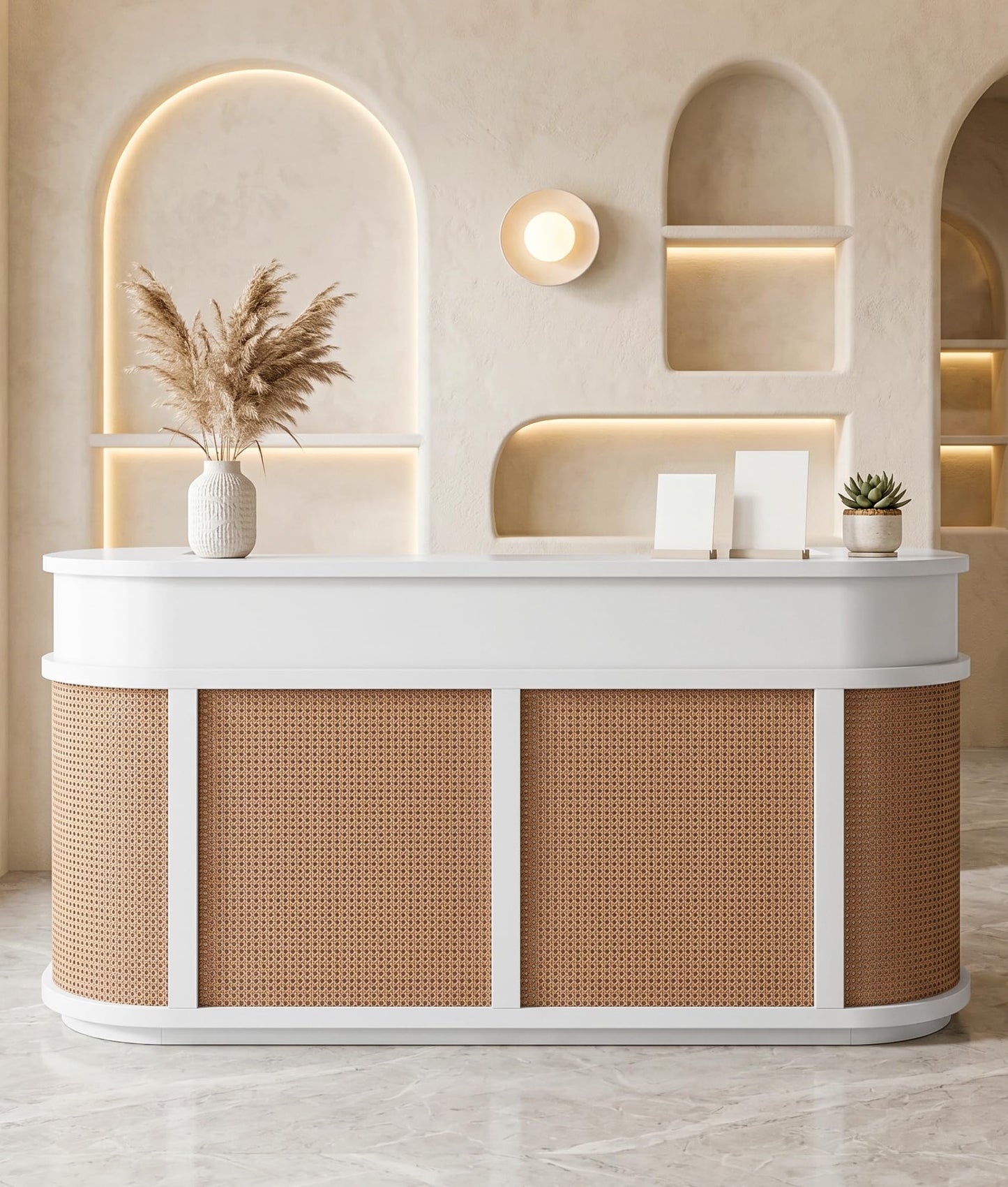 Curved Reception Desk, 70.8"/78.7" White Front Desk with Rattan Panels, Fully Assembled Heavy Duty Reception Counter with Lockable Drawers & Cable Hole, No Assembly Required for Spa, Clinic & Retail