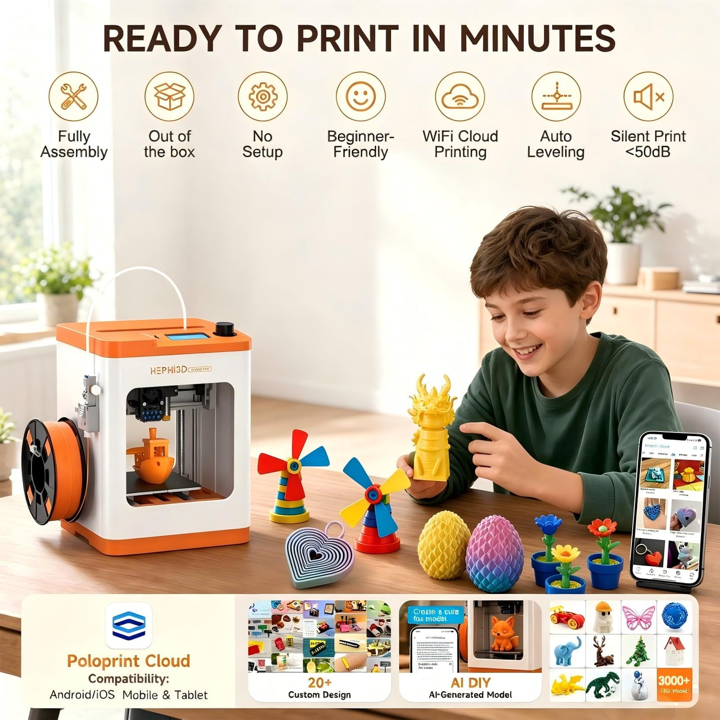 HEPHi3D TINA2S 3D Printer for Kids, Fully Assembled 3D Printers for Beginners with Huge Library APP Control, WiFi Mini 3D Printer Auto Leveling, Kid 3D Printers High Precise for Home, School, Office