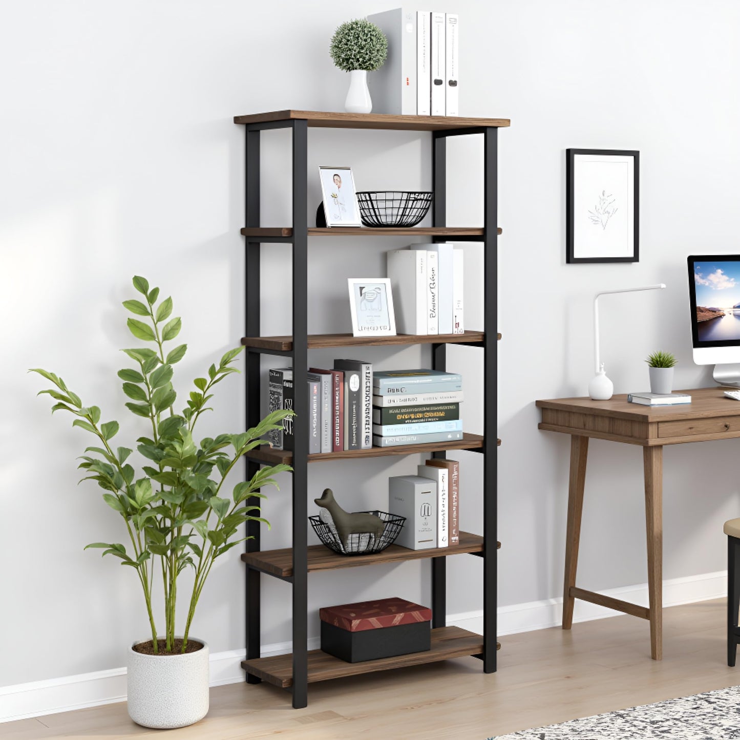 Alaterre Furniture Pomona Living Room 6-Tier Solid Wood Bookcase with Metal Frame – Rustic Industrial Modern Wood and Metal Bookshelf for Home Office, Living Room, or Bedroom Storage